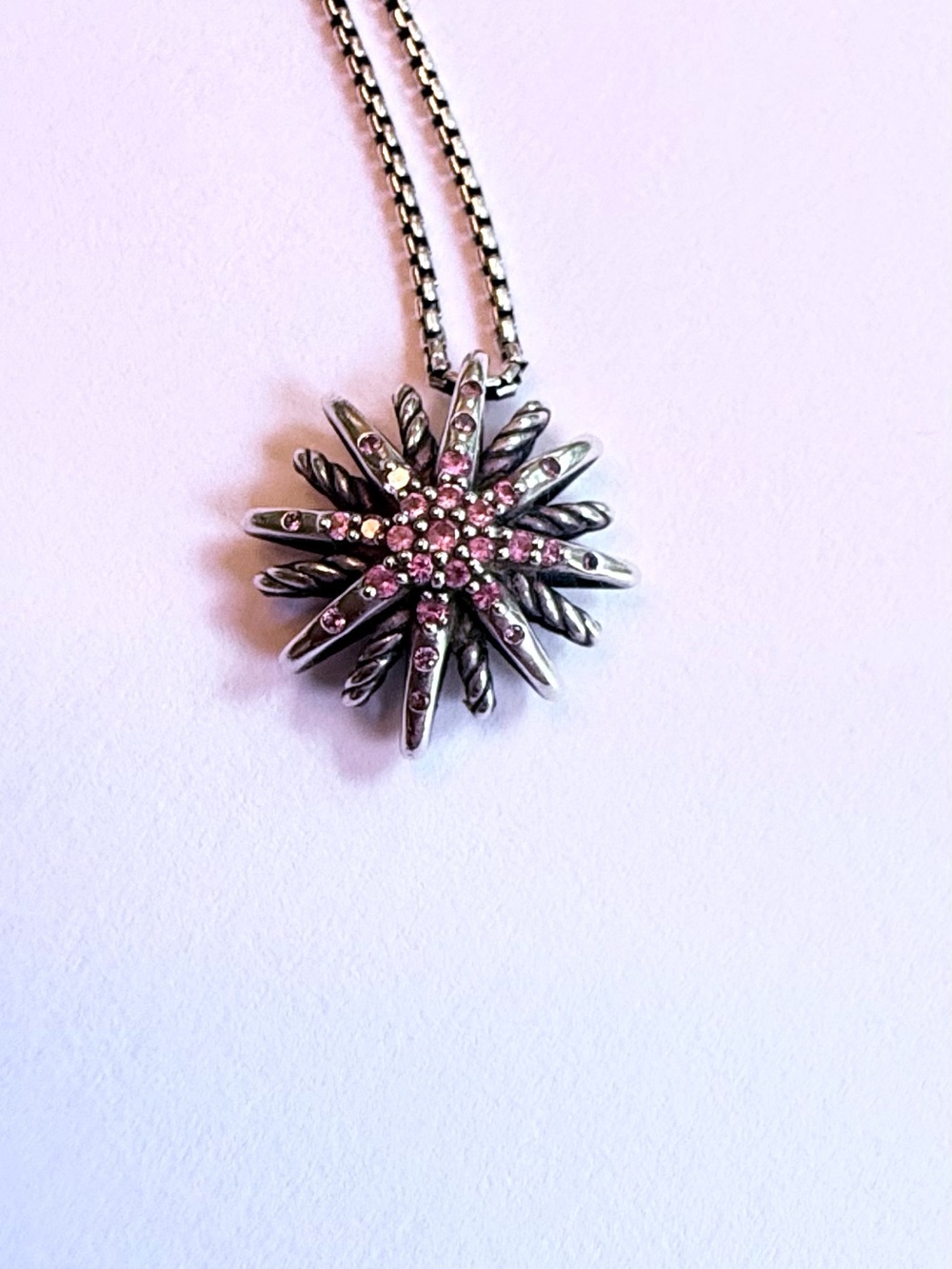David Yurman Sterling Silver Pink Starburst Pendant Necklace 925 Box Chain
